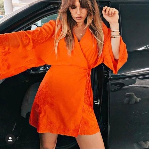 Zara Wrap Kimono Embroidered Dress Short Red New - Picture 5 of 9